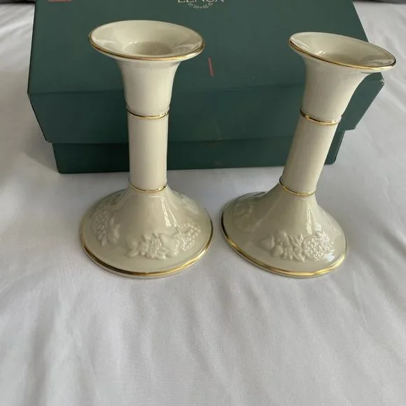 Lenox - Fruits of Life Candlesticks Fine China 24k Trim in Box With COA - Picture 2 of 9